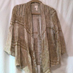 Chico's Size 0 100% Linen Tribal Pattern Flowy Jacket-Beige, Tan, Metallic Gold